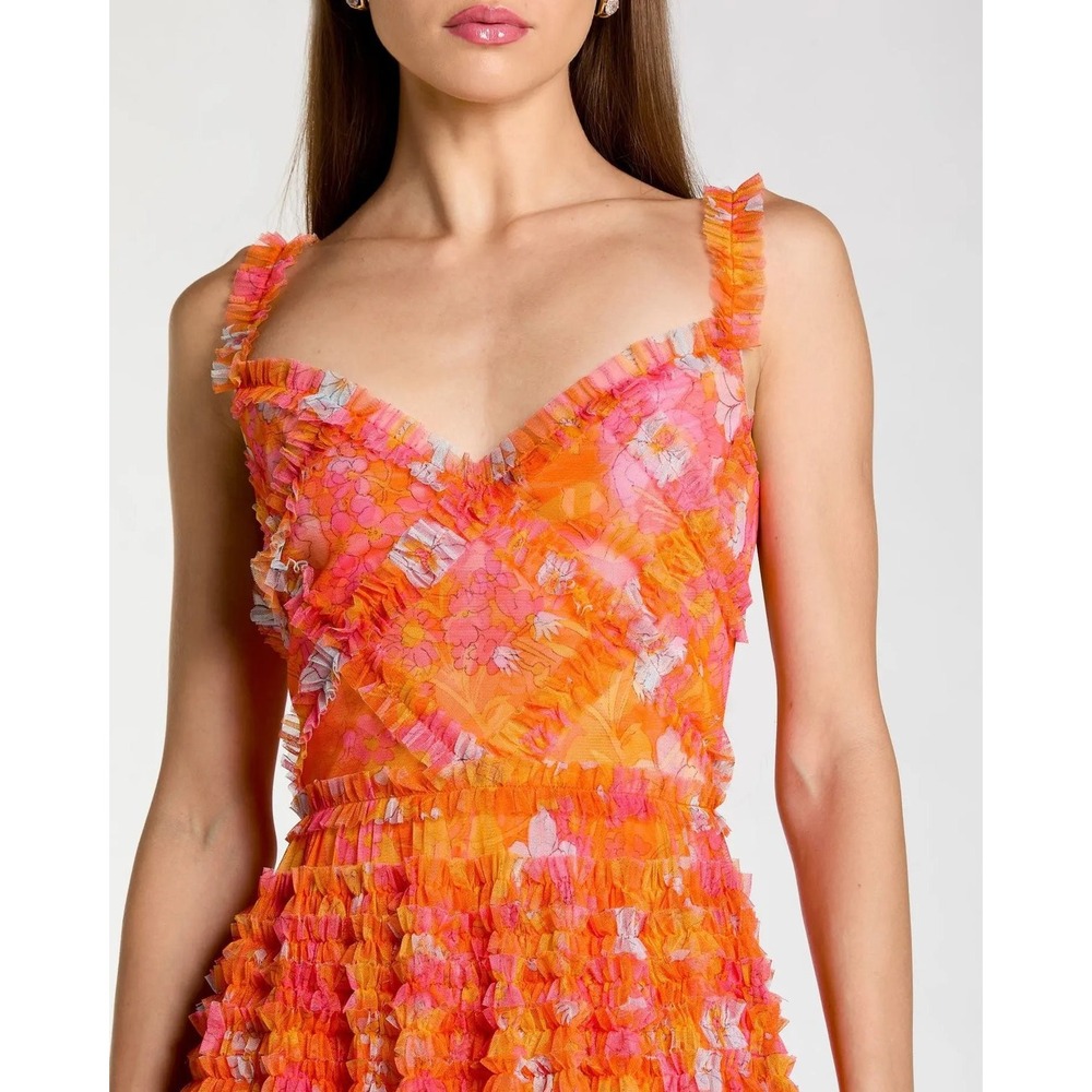 NWT Mac Duggal Orange Sleeveless Floral Ruffle A-Line Maxi Dress - Size 8 - Picture 7 of 14